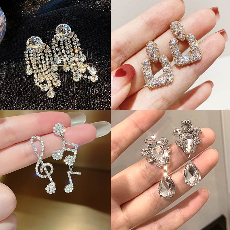 Bông Tai Mạ Bạc 925 Hình Nốt Nhạc Đính Đá Phối Tua Rua Độc Đáo Phong Cách Mới