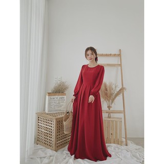 Set đầm đỏ dài+ cột tóc nơ