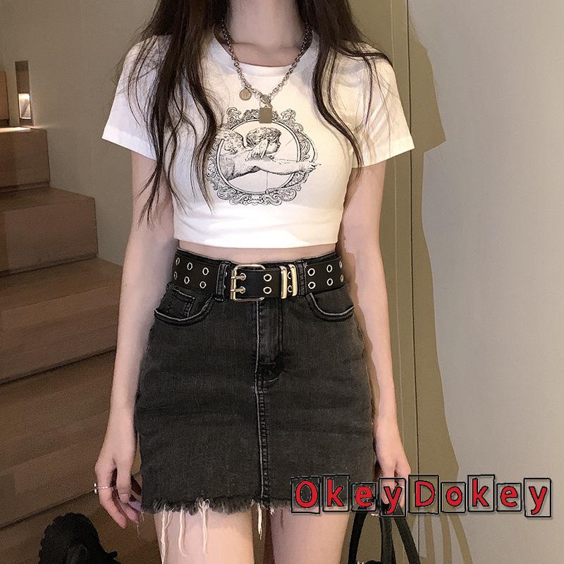 Áo Thun Crop Top Cổ Tròn In Họa Tiết Thiên Thần Thời Trang Mùa Hè Cho Nữ