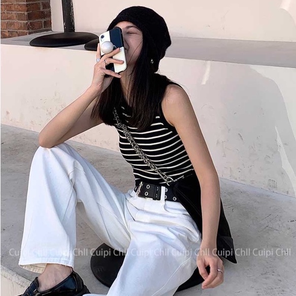 Áo croptop ZHELIHANGFEI dệt kim không tay vải lụa mát họa tiết kẻ sọc bắt mắt cho nữ