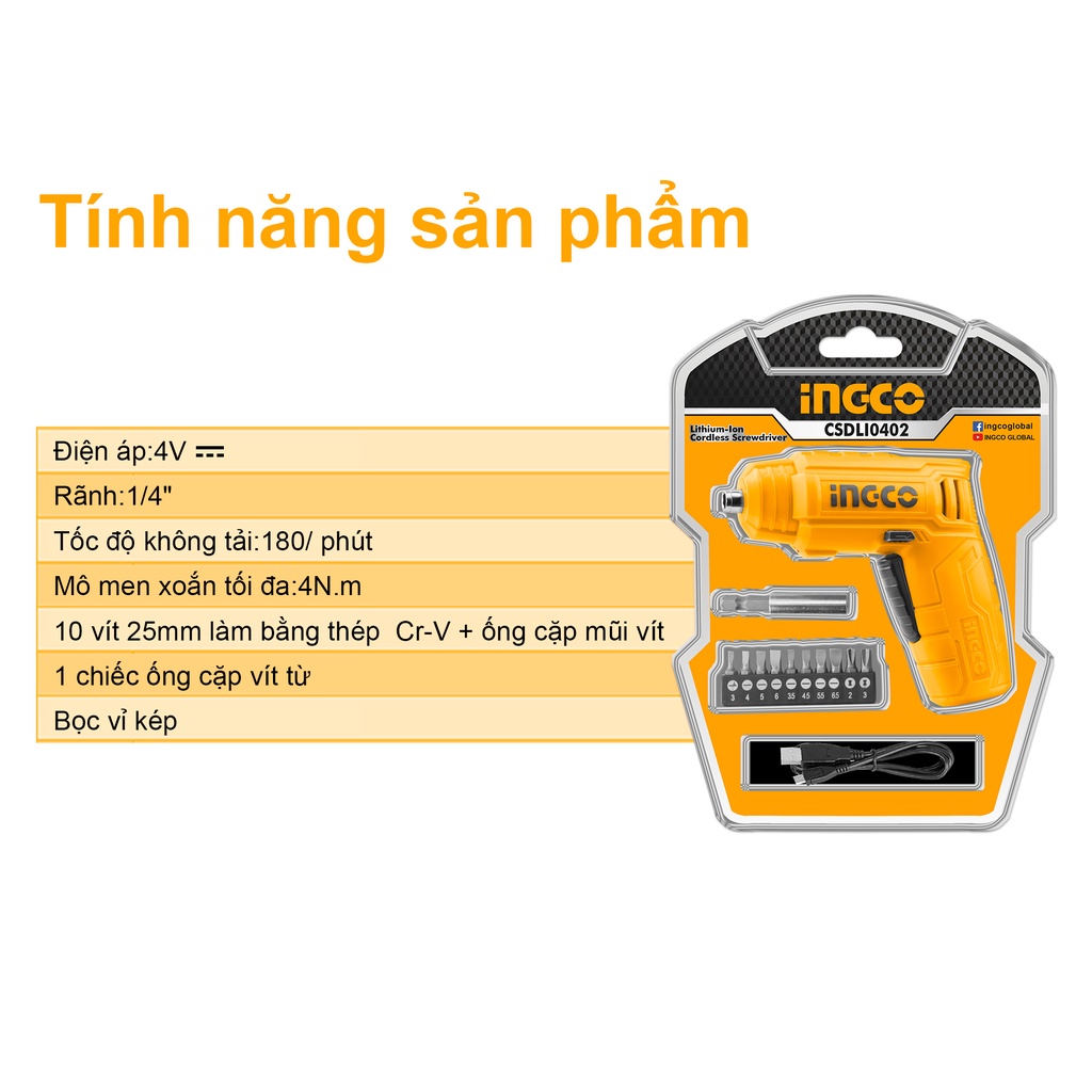 INGCO CSDLI0402 Máy Siết vít dùng pin Lithium 4V