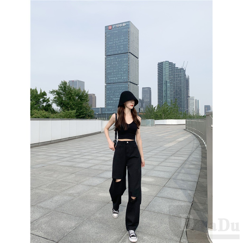 Daduhey Quần dài jeans kiểu dáng rách gối thời trang cho nữ