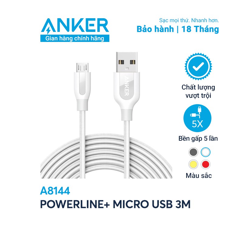 [Mã ELAK045 giảm 5% đơn 999K] [Không bao da] Cáp sạc ANKER PowerLine+ Micro USB Dài 3.0m - A8144