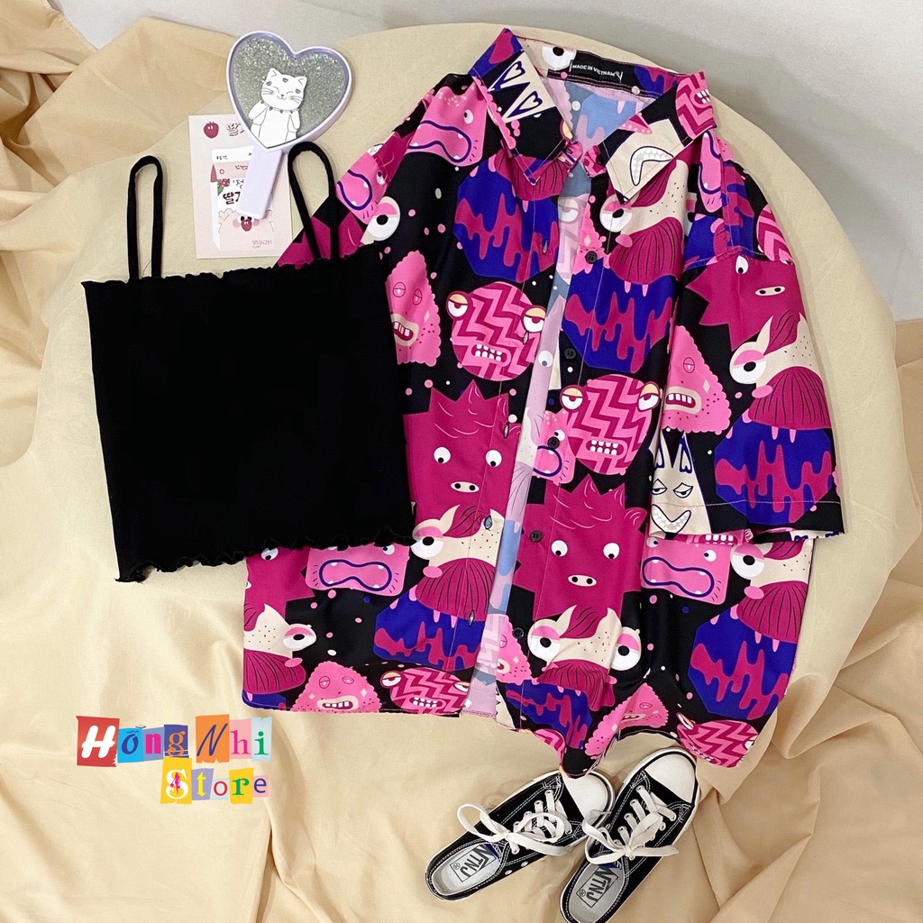 Áo Sơ Mi Hoạ Tiết Hoạt Hình Tay Lỡ Dáng Rộng Ulzzang Unisex, Sơ Mi Đi Biển - MM