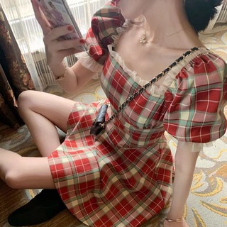 French Retro French Plaid Puff Sleeve Sleeveless Dress For Women