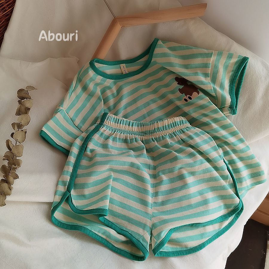 Set Áo Thun Ngắn Tay Kẻ Sọc + Quần Short Thời Trang Mùa Hè Phong Cách Hàn Quốc Cho Bé