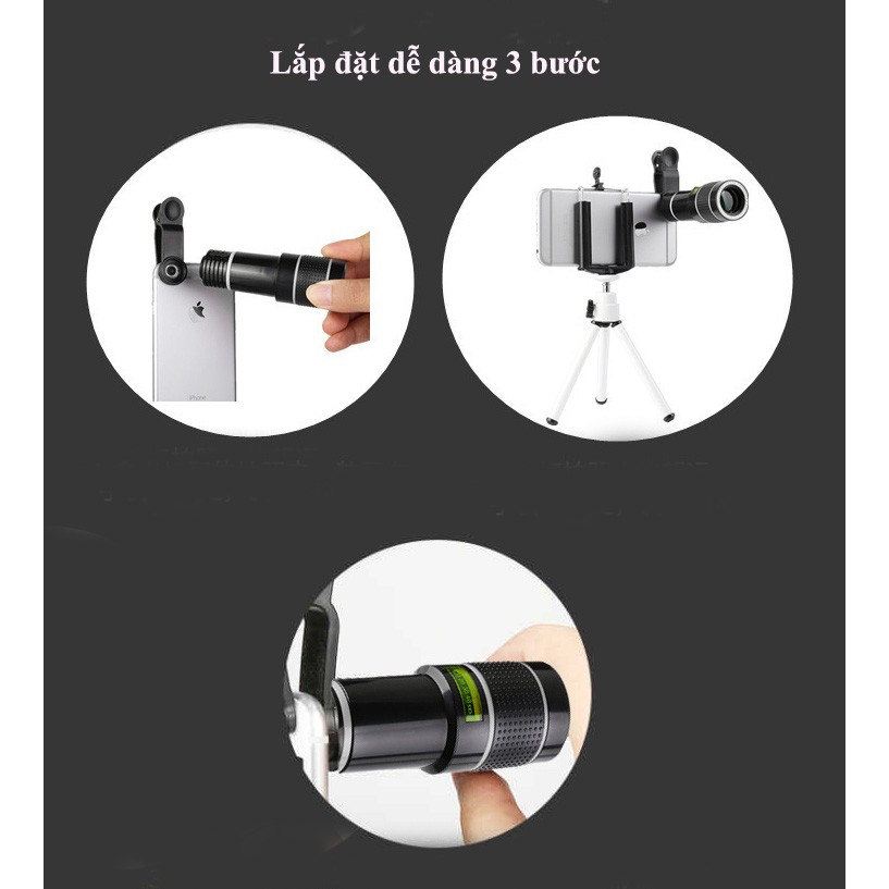 Lens 20x cho điện thoại, tặng kèm kẹp, tripod và giá đỡ điện thoại