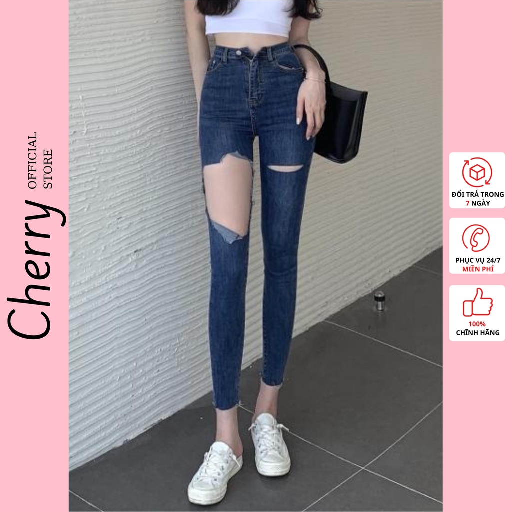 Quần jean nữ lưng cao rách gối co giãn CHERRY, quần bò nữ cạp cao rách gối dáng ôm chất jeans đẹp cao cấp T020 | WebRaoVat - webraovat.net.vn