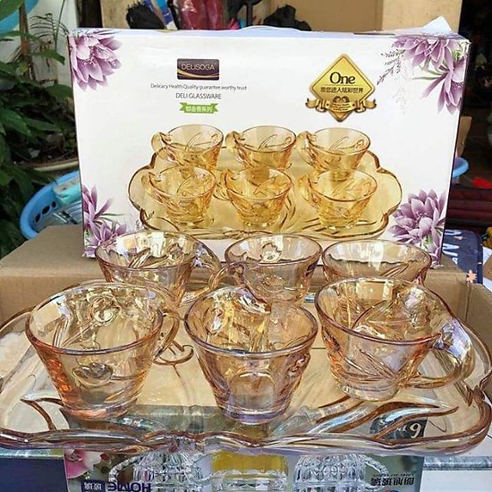 Bộ cốc thủy tinh uống nước kèm khay cao cấp, bộ ly thủy tinh có quai cầm siêu dày dặn sang trọng chịu nhiệt tốt
