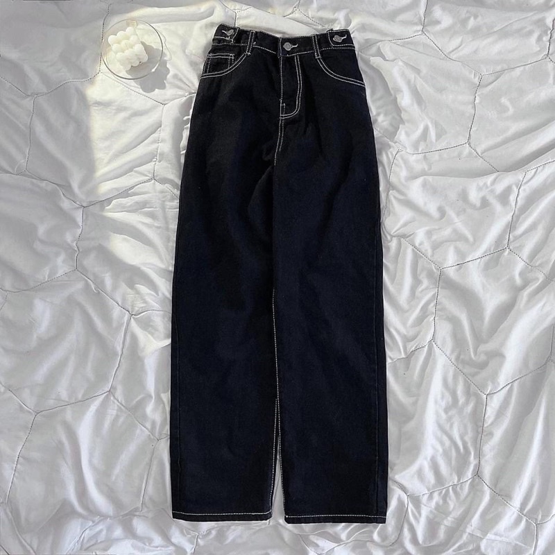 (có sẵn) Quần jean đen ống rộng viền trắng nút cài unisex (nam nữ mặc được)
