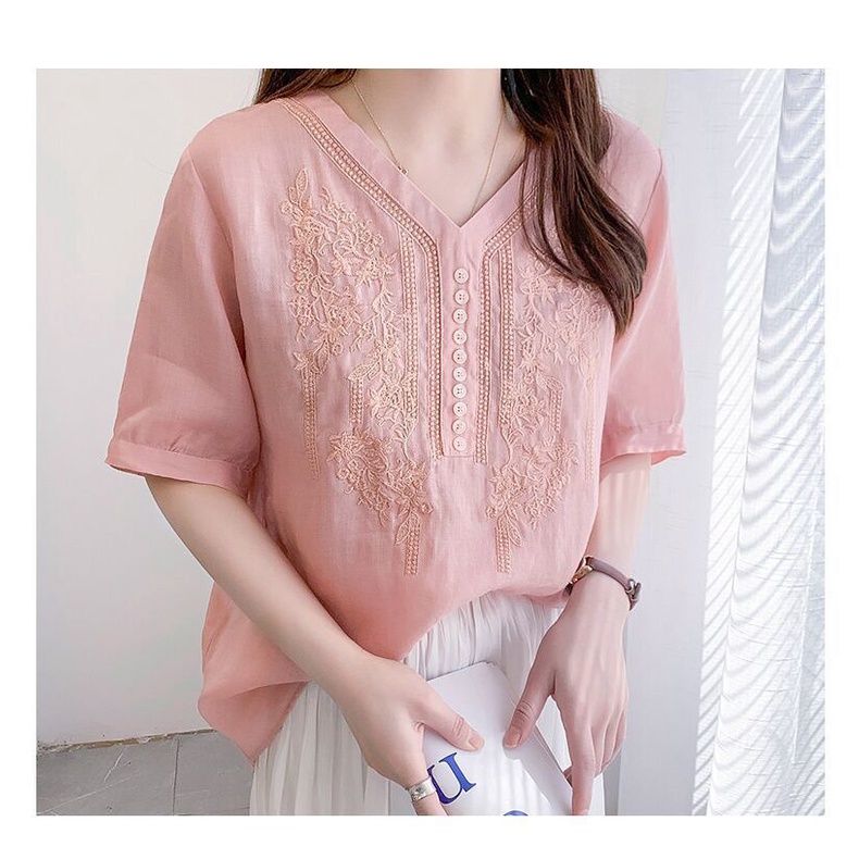 Áo Sơ Mi Vải Lanh Cotton Mỏng Cổ V Dáng Rộng Thêu Họa Tiết Kiểu Retro Thời Trang Cho Nữ