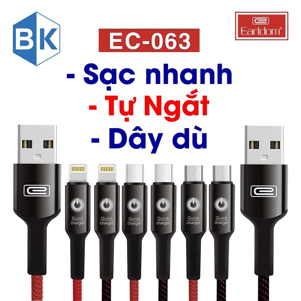 Cáp sạc nhanh tự ngắt Earldom EC-063 bọc dù, truyền tốc độ cao, sạc nhanh 2.4A, Hàng chính hãng. Bảo hành 1 đổi 1
