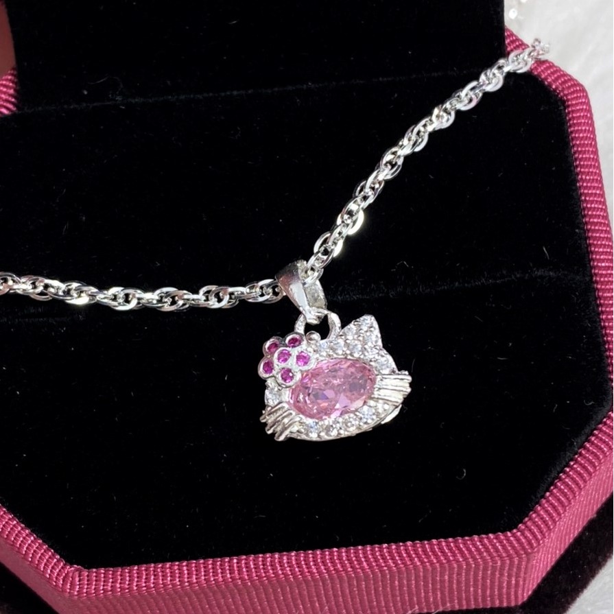 Dây chuyền bé gái mặt hình mèo đính đá, chất liệu bạc ta cao cấp - Trang sức bạc Evasilver