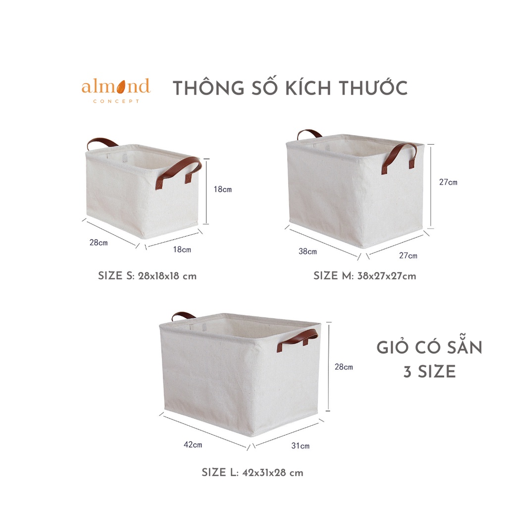 Túi đựng đồ vải Bố có quai cầm màu Kem - Túi giặt Kiểu Nhật gấp gọn có tay cầm Da 3 kích cỡ - almondconcept