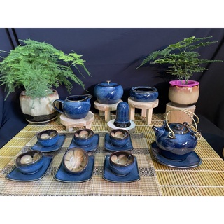 Bộ ấm chén men hỏa biến dáng quả lê, chén lòng hoa, chén lòng trơn - Gốm sứ Bát Tràng cao cấp - Làng Gốm