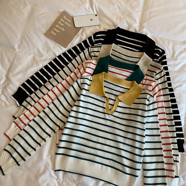 Áo thun cổ bẻ tay dài dáng rộng kẻ sọc ngang phong cách Hàn Quốc cho n