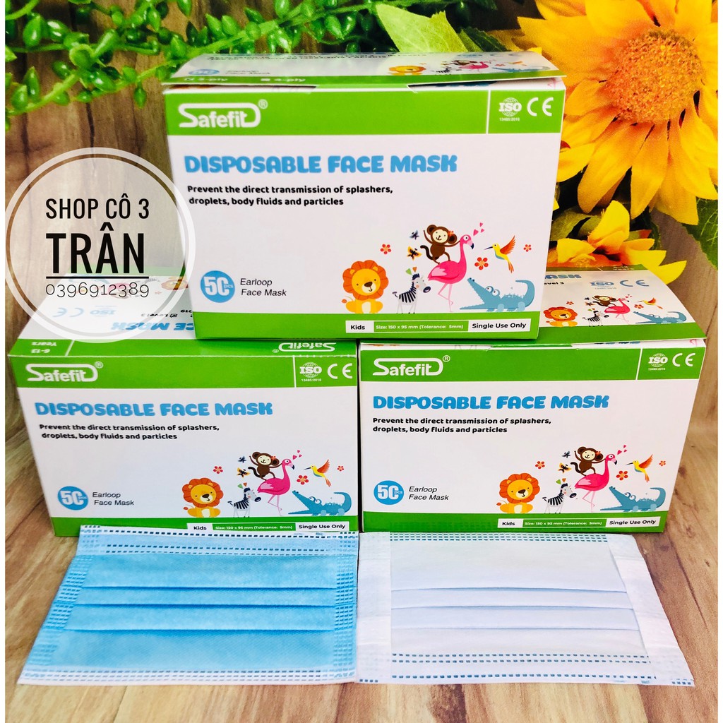 Khẩu trang cho bé 3 lớp hộp 50 cái cho bé từ 6 – 13 tuổi - Khẩu trang kháng khuẩn Safefit