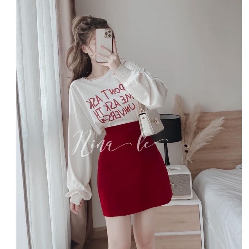 Bộ Set Chân Váy Dạ Cá Kèm Áo Thun Dài Tay ASKK MEE chữ A