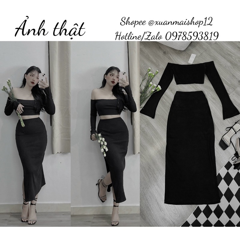 [FREESHIP - Ảnh thật phía sau] Set 2 món áo croptop tay dài loe trễ vai + chân váy dài xẻ tà hack chân siêu đỉnh
