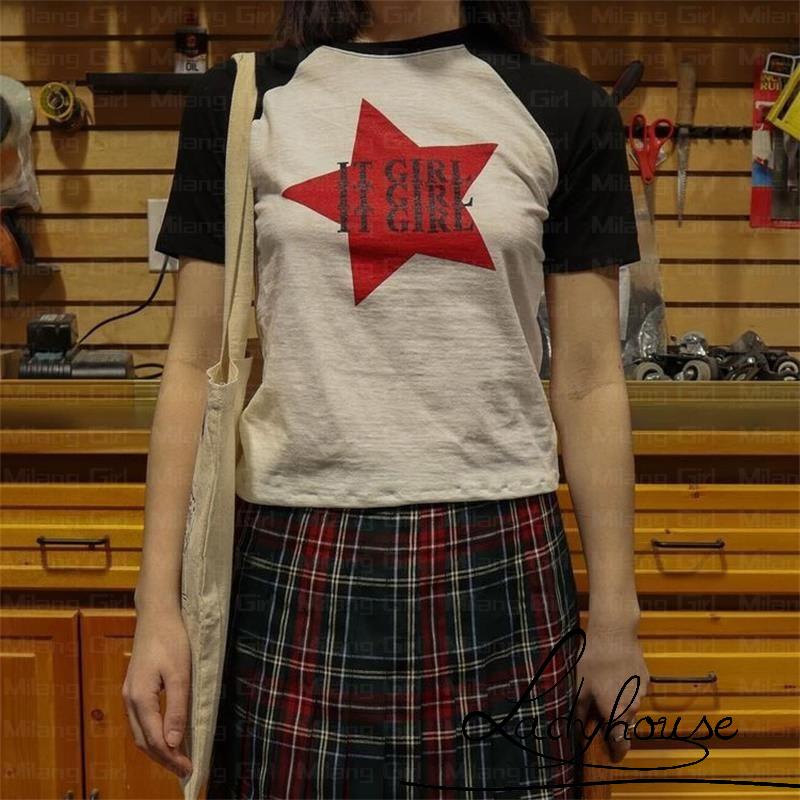 Áo Thun Crop Top Tay Ngắn Cổ Tròn In Chữ Và Ngôi Sao Màu Tương Phản Thời Trang Mùa Hè Cho Nữ