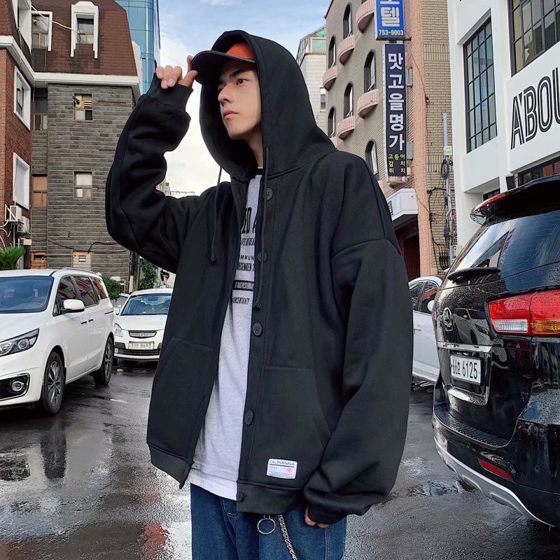 Áo khoác thu đông nam nữ hoodie đính cúc to, áo khoác bomber unisex form rộng 2 túi trước cá tính