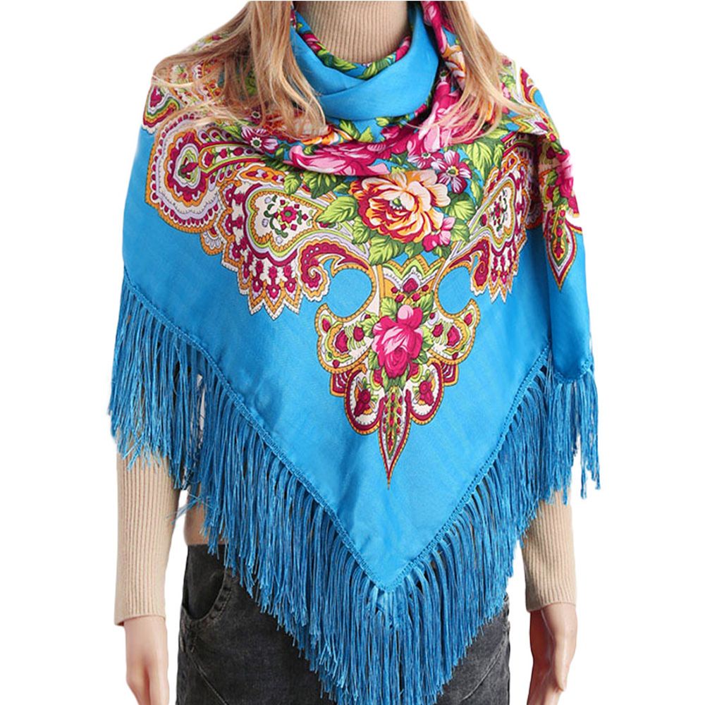 Khăn choàng cổ hình vuông bằng cotton phối tua rua phong cách Nga cổ điển thời trang dành cho nữ