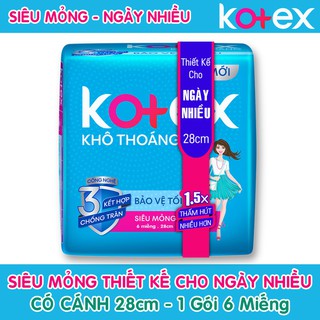 Băng Vệ Sinh Kotex Thiết Kế Cho Ngày Nhiều Siêu Mỏng Có Cánh 28cm ( 1 Gói 6 Miếng - 1 Lốc 8 Gói ) .