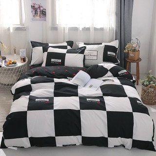 Bộ Chăn Ga Gối Cotton Poly Hàn Quốc Họa Tiết Tim Caro Đen Trắng Hot Hit - Chăn Ga Decor Bedding