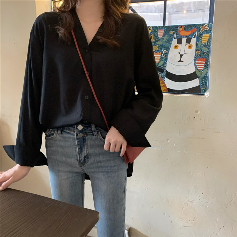 Áo Sơ Mi Dài Tay 171210Áo Sơ Mi Nữ Tay Dài Cổ Chữ V Màu Sắc Thanh Lịch