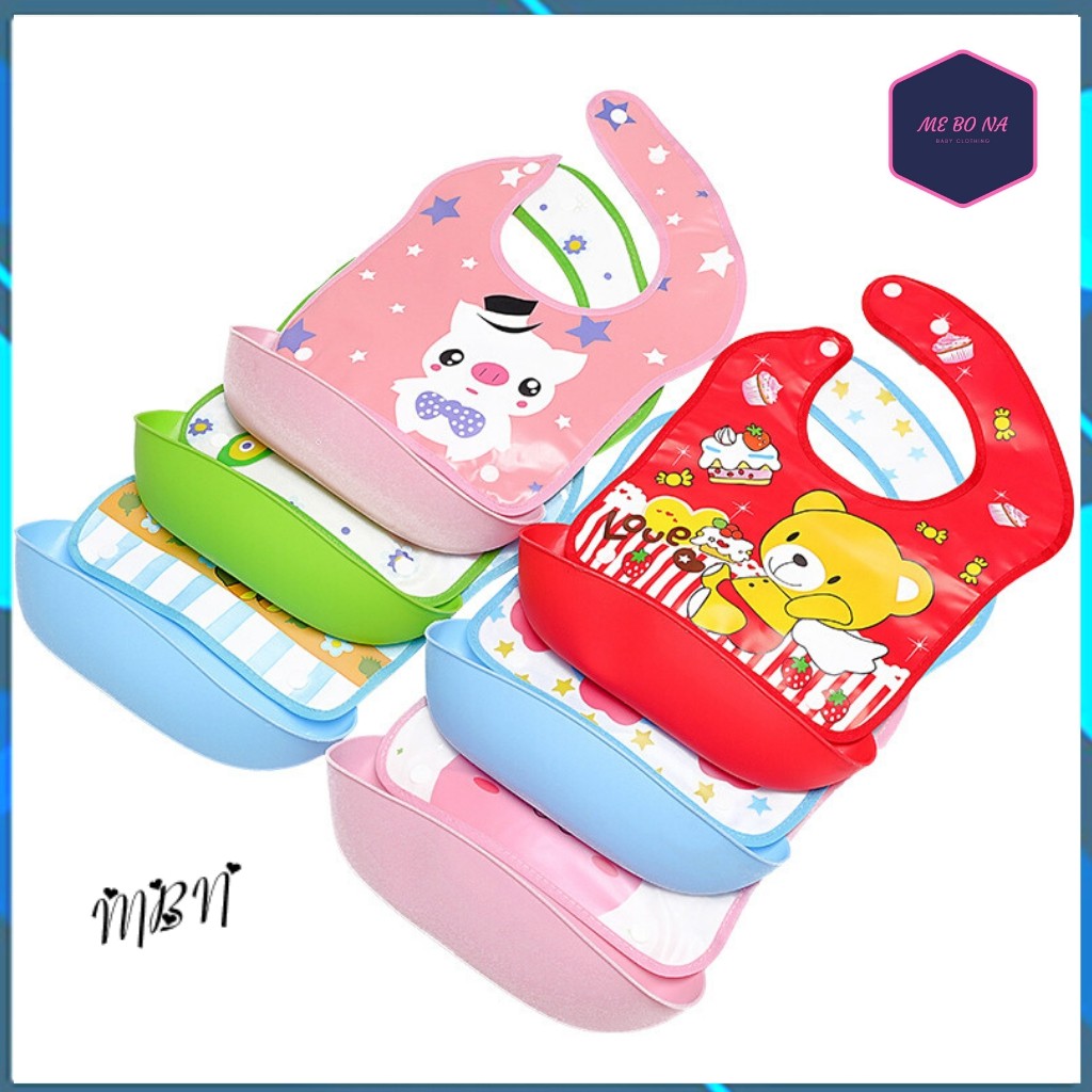 Yếm Ăn Dặm Có Máng Silicon ❤️ Yếm Máng Đựng Được Nhiều Thức Ăn ❤️ Có Nút Điều Chỉnh Kích Thước