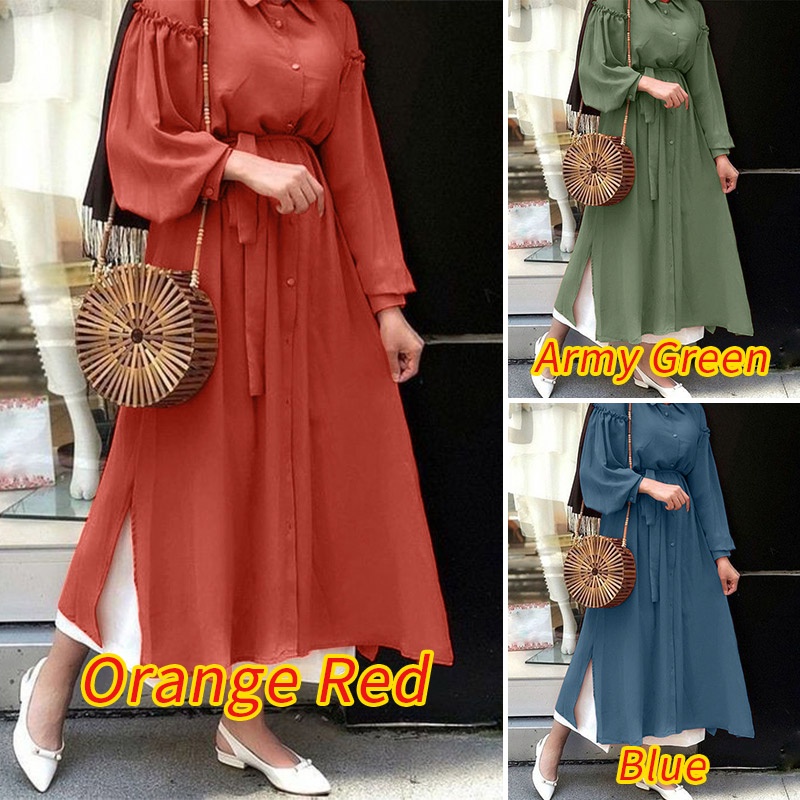 Zanzea Đầm Dài Tay Ống Phồng Xẻ Tà Thời Trang Cho Phụ Nữ Hồi Giáo