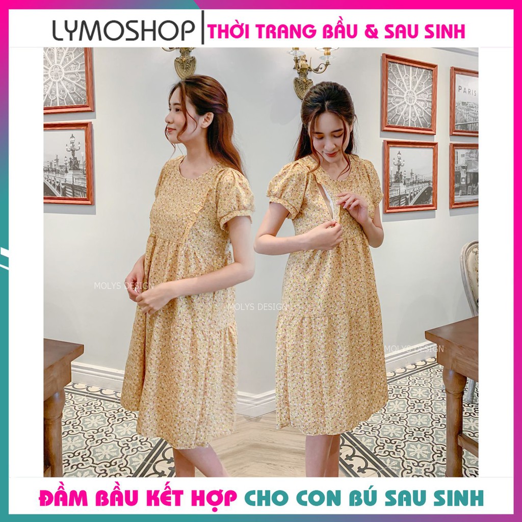 Đầm bầu kết hợp cho con bú sau sinh dáng babydoll ba tầng hoa nhí bèo ngực MOLYS VM6644 cúc điều chỉnh mặc hết thai kỳ