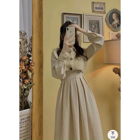 Đầm midi nude cổ sơ mi phối áo gile crop,váy nữ xinh xắn cho bạn gái diện đi chơi đi làm chụp ảnh siêu xinh
