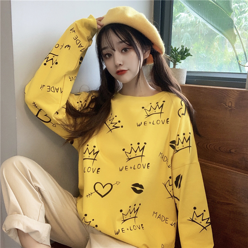 Áo nỉ SUXI tay dài cổ tròn form rộng in họa tiết thời trang mùa thu