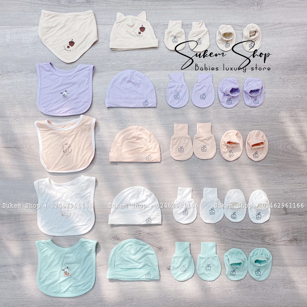 [La Pome]Set Phụ Kiện Bao Tay Chân , Mũ, Yếm La Pome Chất Mềm Mại Cho Bé Sơ Sinh