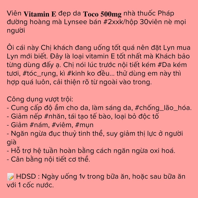 Viên Vitamin E đẹp da Toco 500mg