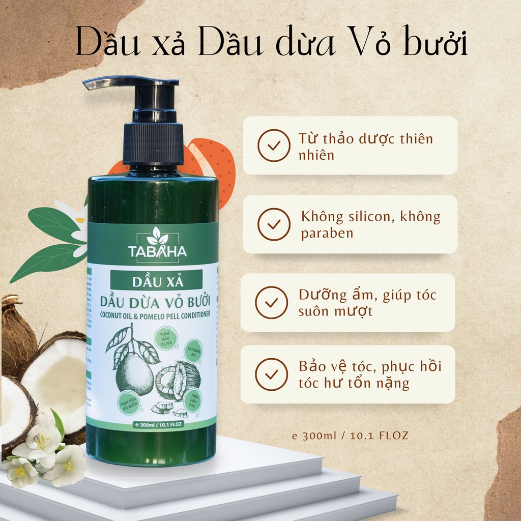 Dầu Xả Dầu Dừa Vỏ Bưởi TABAHA 300ml Dưỡng Ẩm Phục Hồi Tóc Khô Hư Tổn