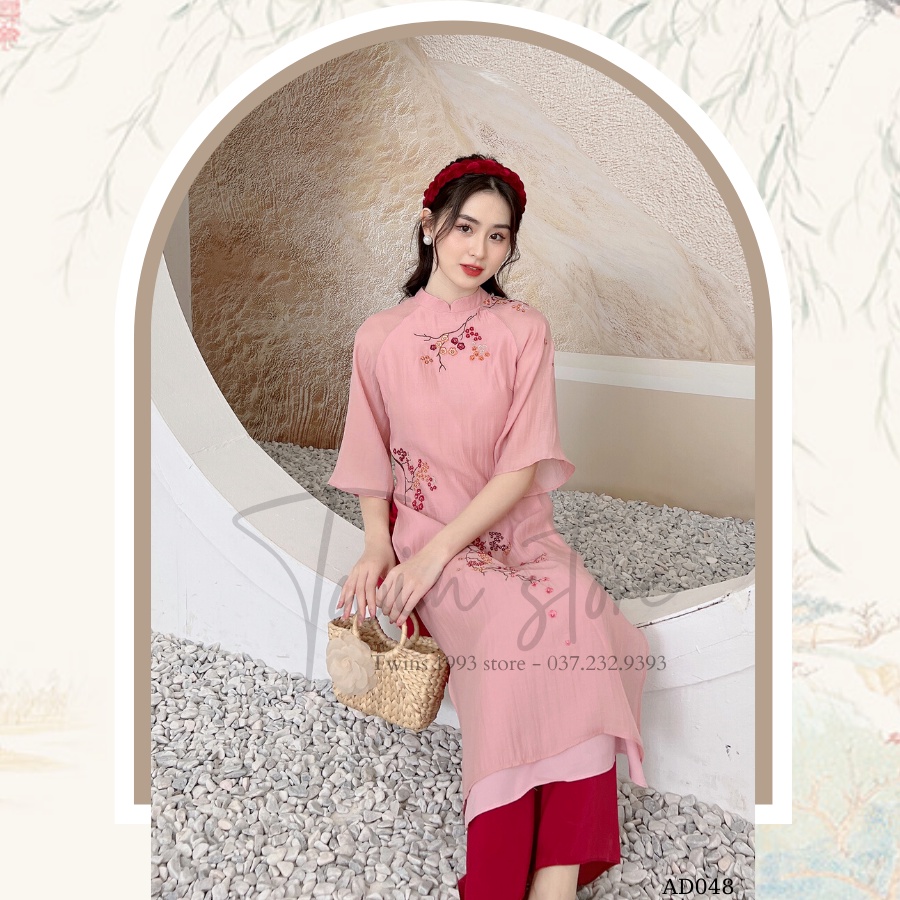 Áo dài cách tân nữ KÈM QUẦN dáng suông chất tơ xốp, hoa thêu kết cườm thủ công - AD048