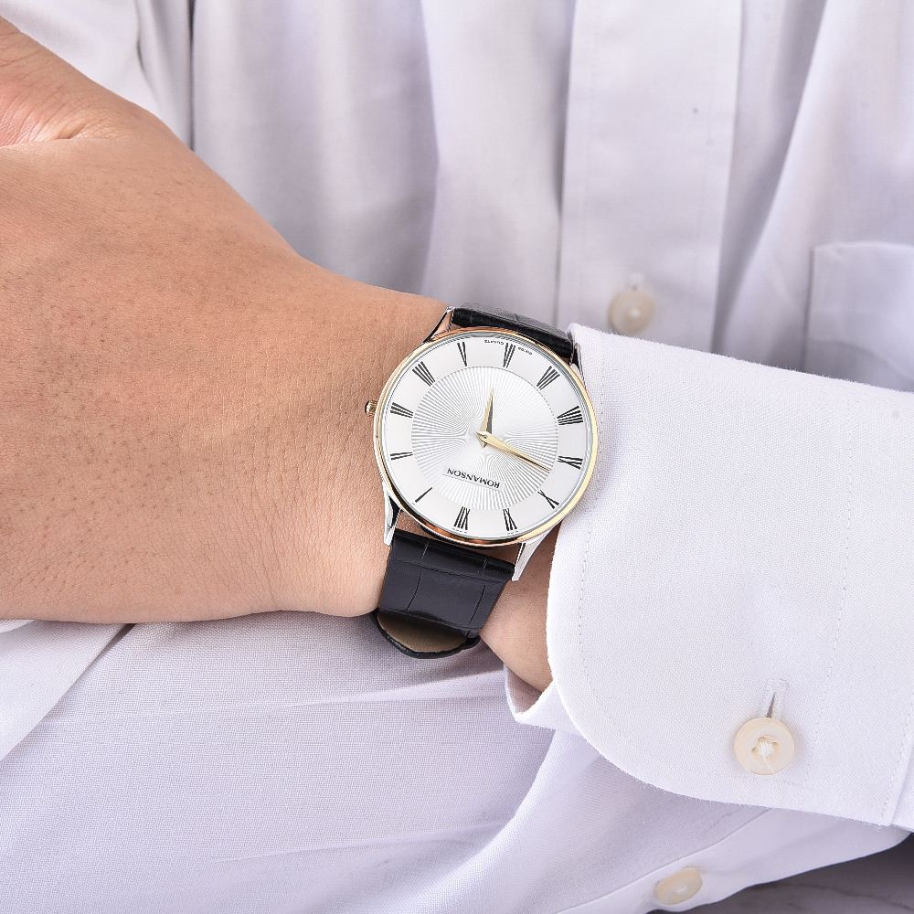 Đồng hồ Romanson Classic Men Watch TL0389MCWH nam mặt mỏng kính chống xước máy Thụy Sĩ dây da cao cấp chính hãng