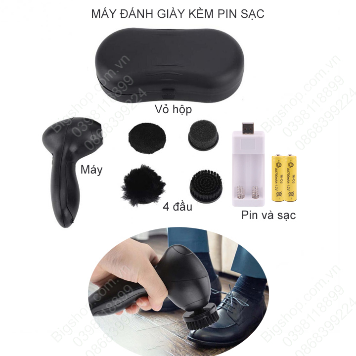 (Bigshop) Máy đánh giày mini chạy pin sạc, 4 đầu dùng 2 pin sạc và bộ sạc cổng USB