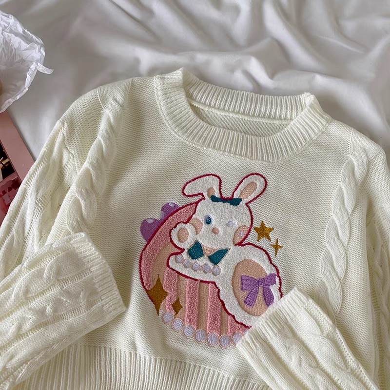 Set Áo Len Dệt Tay Dài Thêu Hình Và Chân Váy Croptop Ôm Tôn Dáng Xinh Xắn