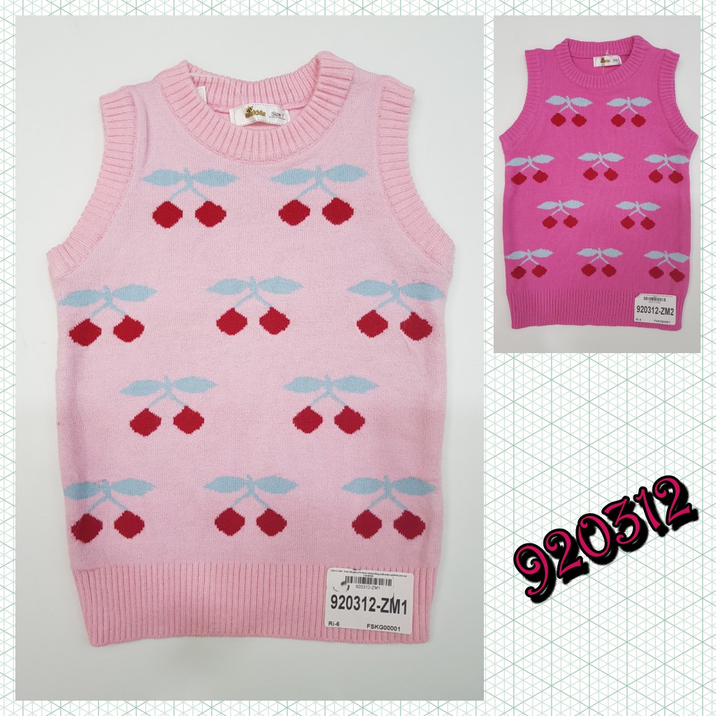 920312-ZM1- Áo len bé gái, gile, cổ tròn, in chery, hồng phấn,  size bé 1t-6t, ri6, t7b3