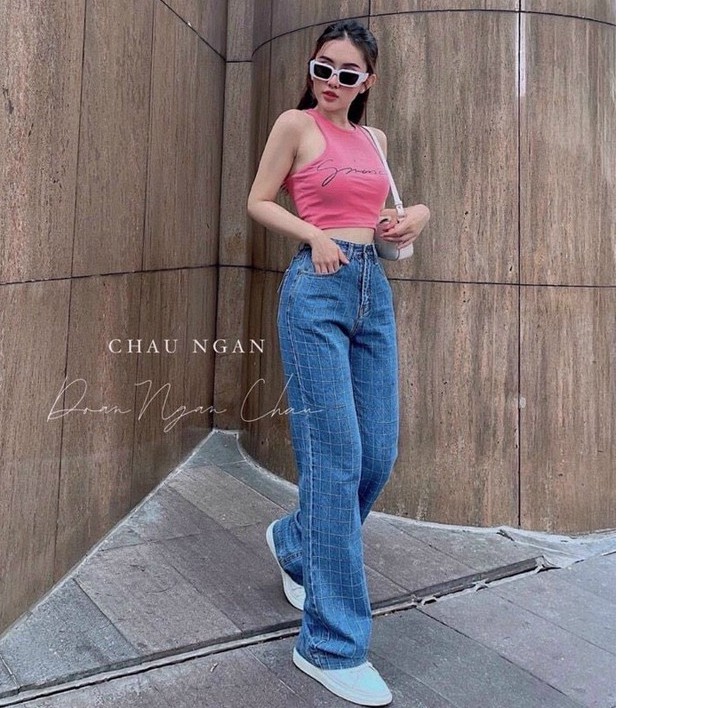 Quần Jean Dài Ống Rộng, Quần Bò Nữ Ống Suông Họa Tiết Kẻ Ô Phong Cách Cổ Điển Thời Trang Cho Nữ.