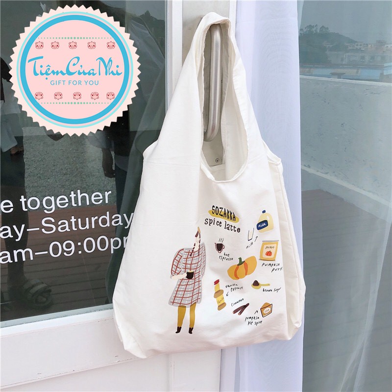 Túi vải tote canvas phong cách vintage mùa hè in hình hoạt hình chữ, bí ngô, vịt, van Tiệm Của Nhi CANVAS