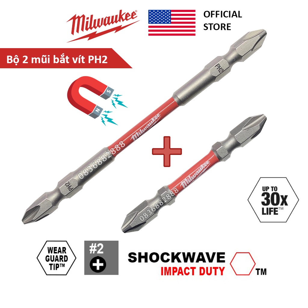 Bộ 2 mũi bắt vít hai đầu PH2 110mm + 65mm Milwaukee chính hãng Mỹ siêu bền mũi vít PH2 4 cạnh bake nam châm từ siêu cứng