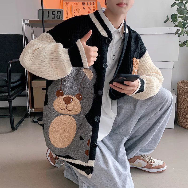 Áo Khoác Cardigan Dệt Kim Thêu Hình Gấu Kiểu Nhật Bản Thời Trang Mùa Đông Cho Nam