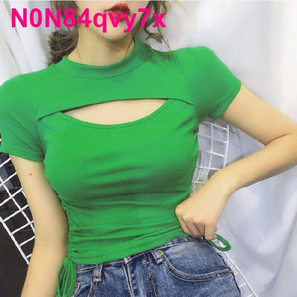 Slim Fit áo ngắn tay màu đỏ thun mùa hè 2020 nữ thời trang mới dây rút sexy lưới quần hàng đầu