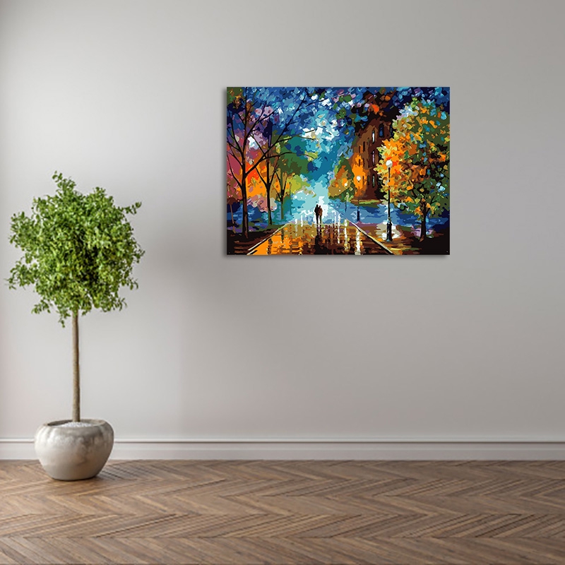 Tranh sơn màu hình đường phố mùa thu bằng chất liệu acrylic trang trí nhà cửa