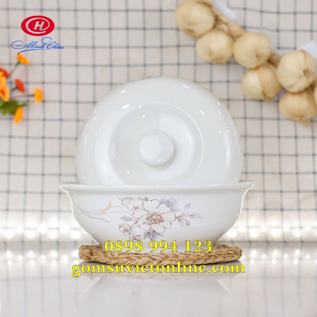 [1.0L] Thố Sứ Hoa Hồng Bạch Kim - Liễn Cơm Gia Đình, Sứ Cao Cấp Minh Châu Việt Nam