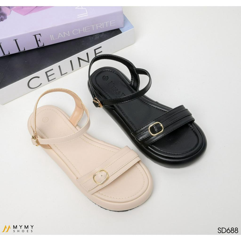 Dép, sandal nữ đế bằng quai ngang mầu đen, kem, MyMyShoes - sandal nữ SD688